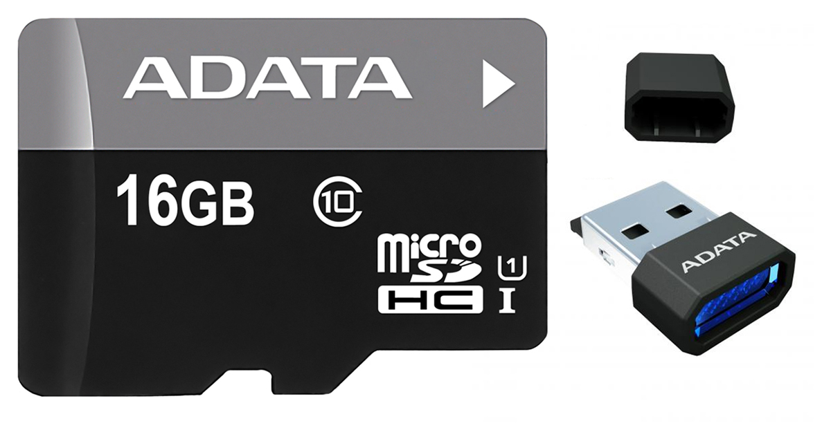 16GB AData microSDHC UHS1 CL10 memory card with USB Reader