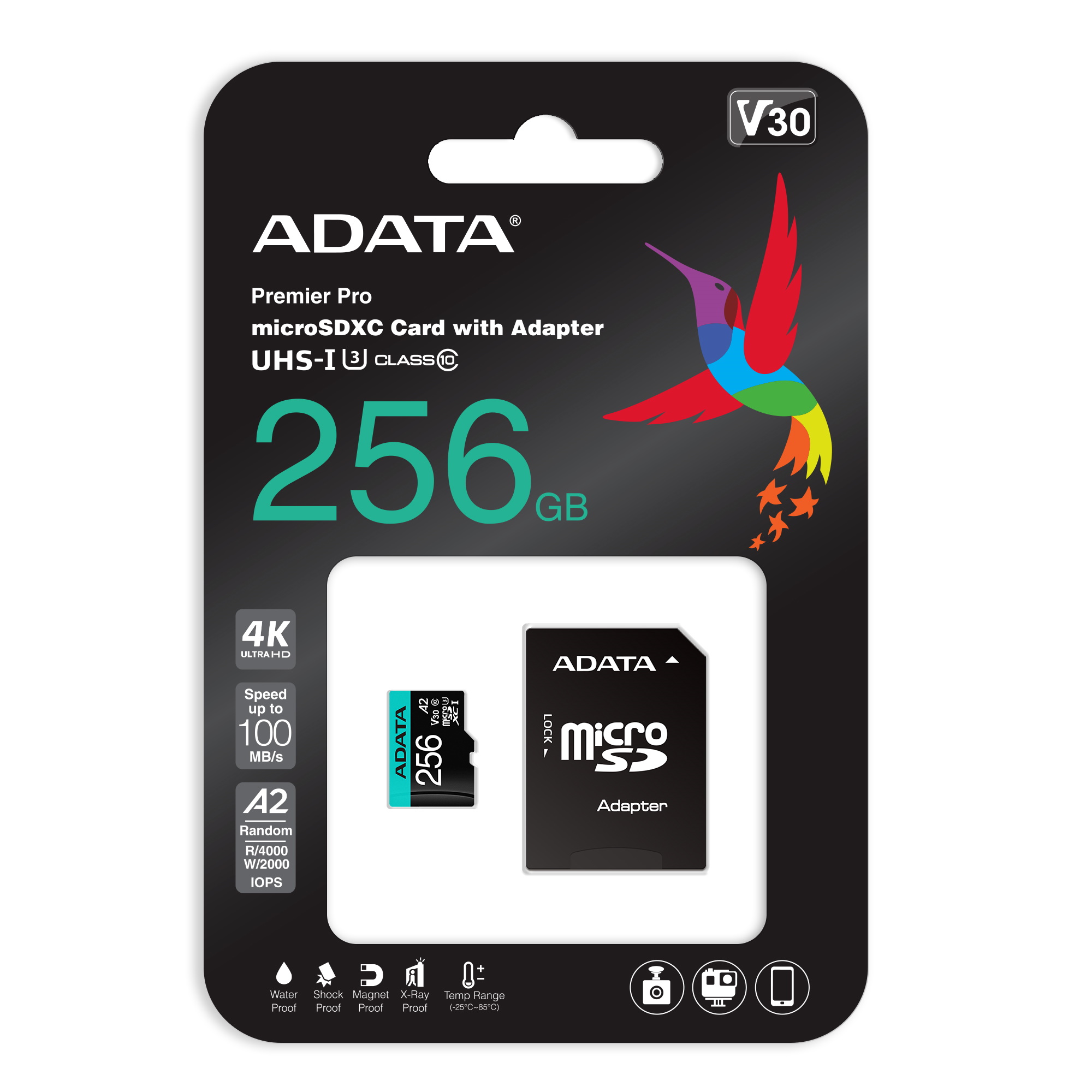 256Go de carte mémoire Premier Pro microSDXC CL10 UHS-IU30 A2 avec adaptateur SD 