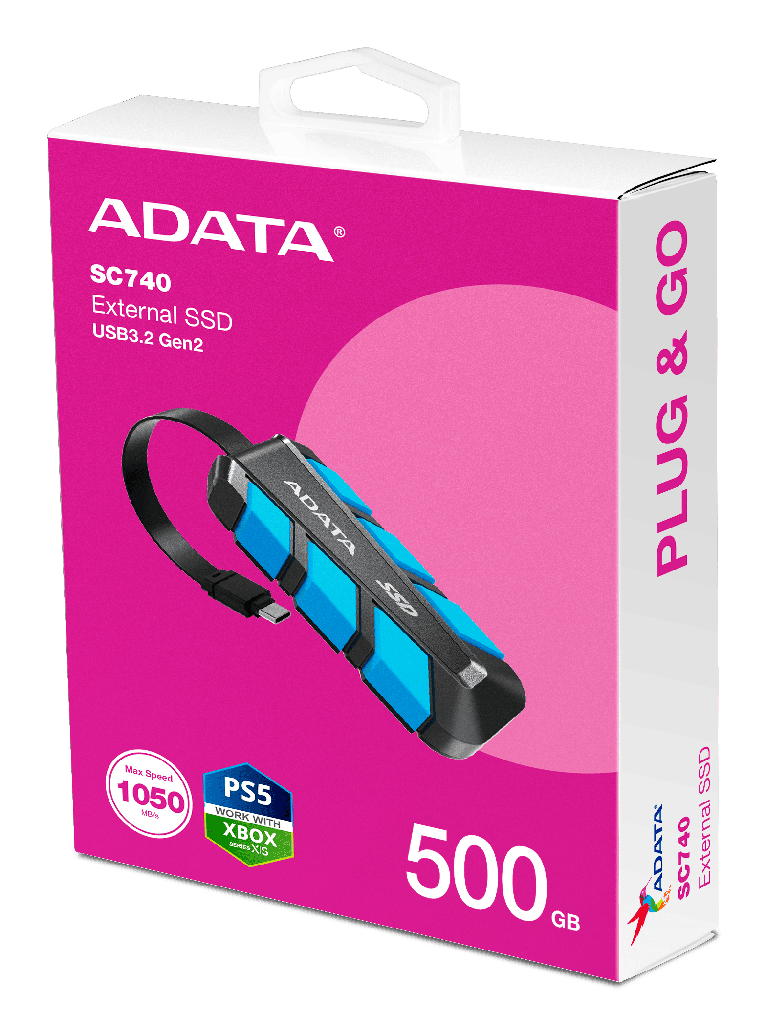 500GB AData SC740 External SSD USB3.2 Gen2 Black/Blue Shock and