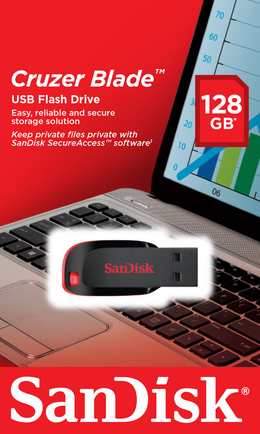 128GB SanDisk Cruzer Blade USB2.0 Flash Drive - Black, Red