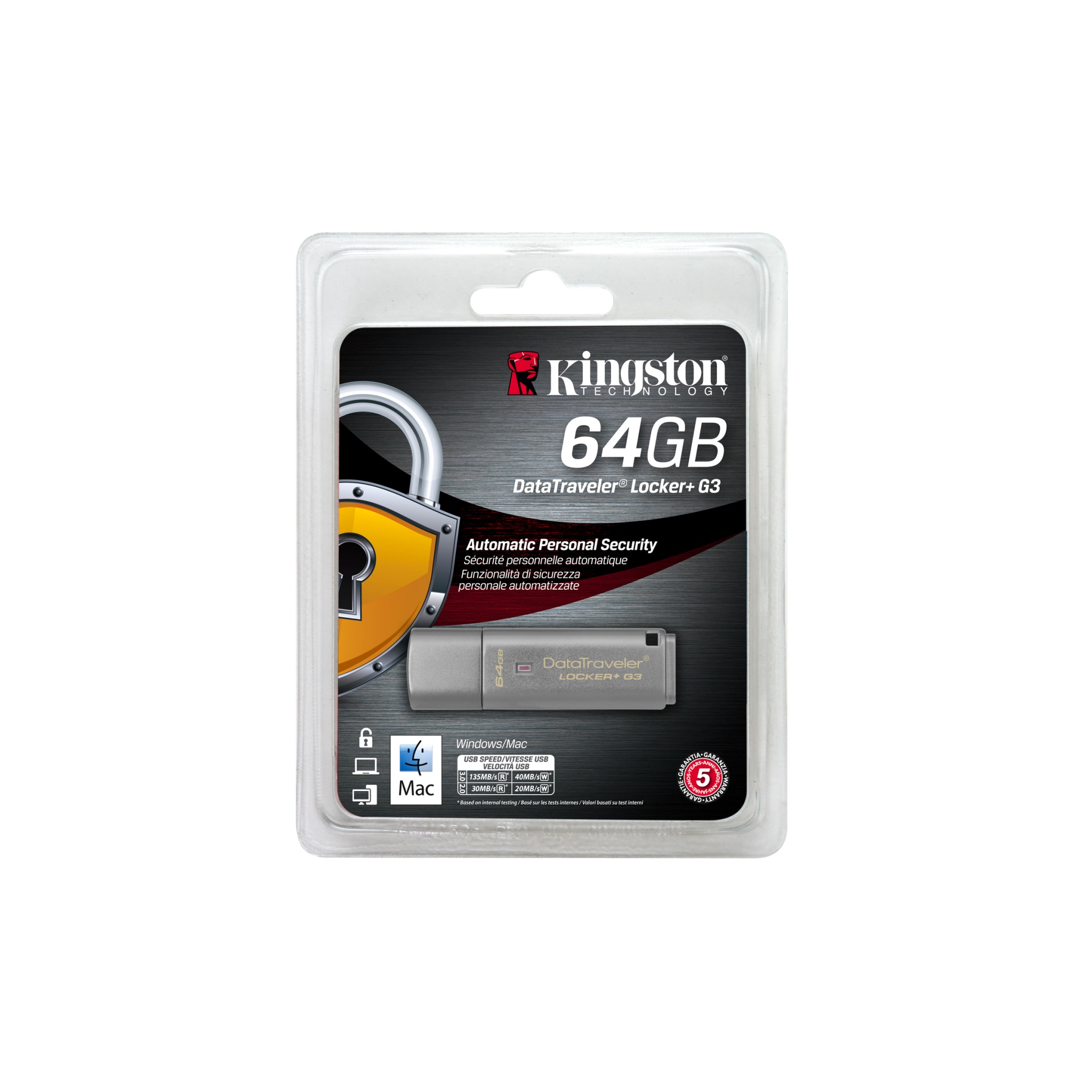 64GB Kingston DataTraveler Locker+ G3 Encrypted USB 3.0 Flash Drive - Silver