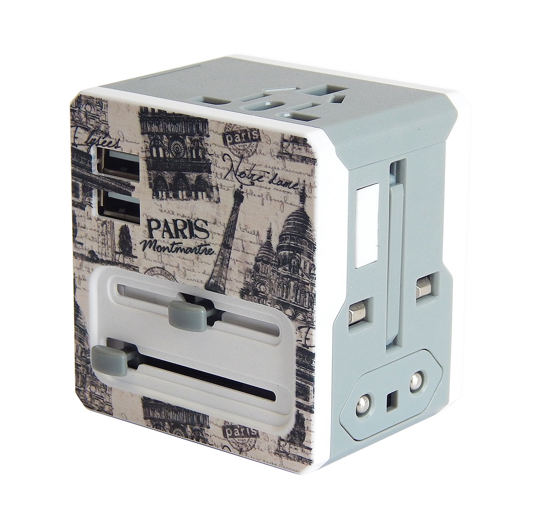 Retro Series Worldwide Travel Power Adapter with 2 USB ports (5V / 2.1A) Paris Edition