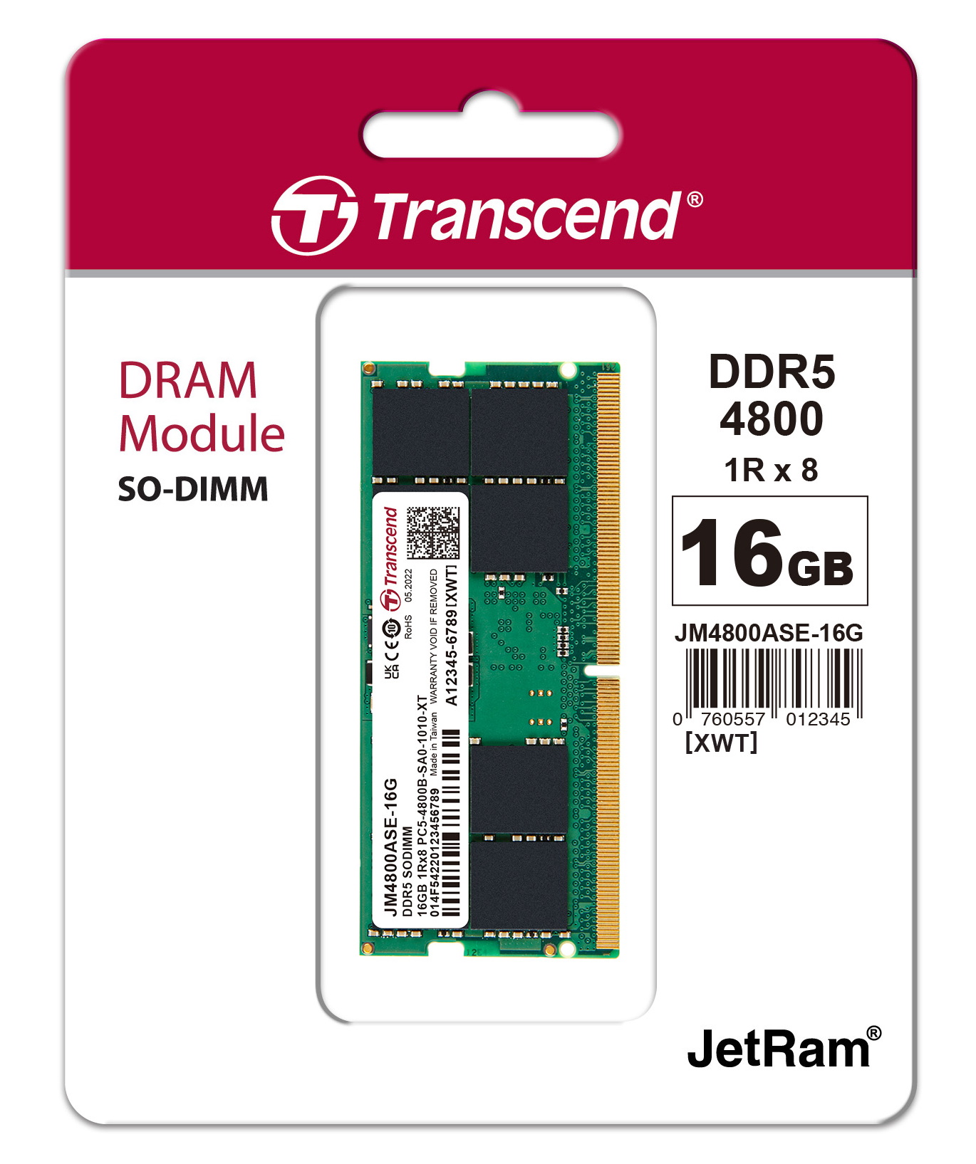16GB Transcend JetRam DDR5 4800MHz SO-DIMM Laptop Memory Module