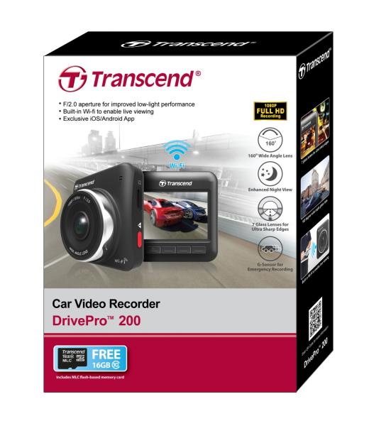 Transcend 16GB DrivePro 200 Car Video Recorder Dash Cam with BuiltIn WiFi