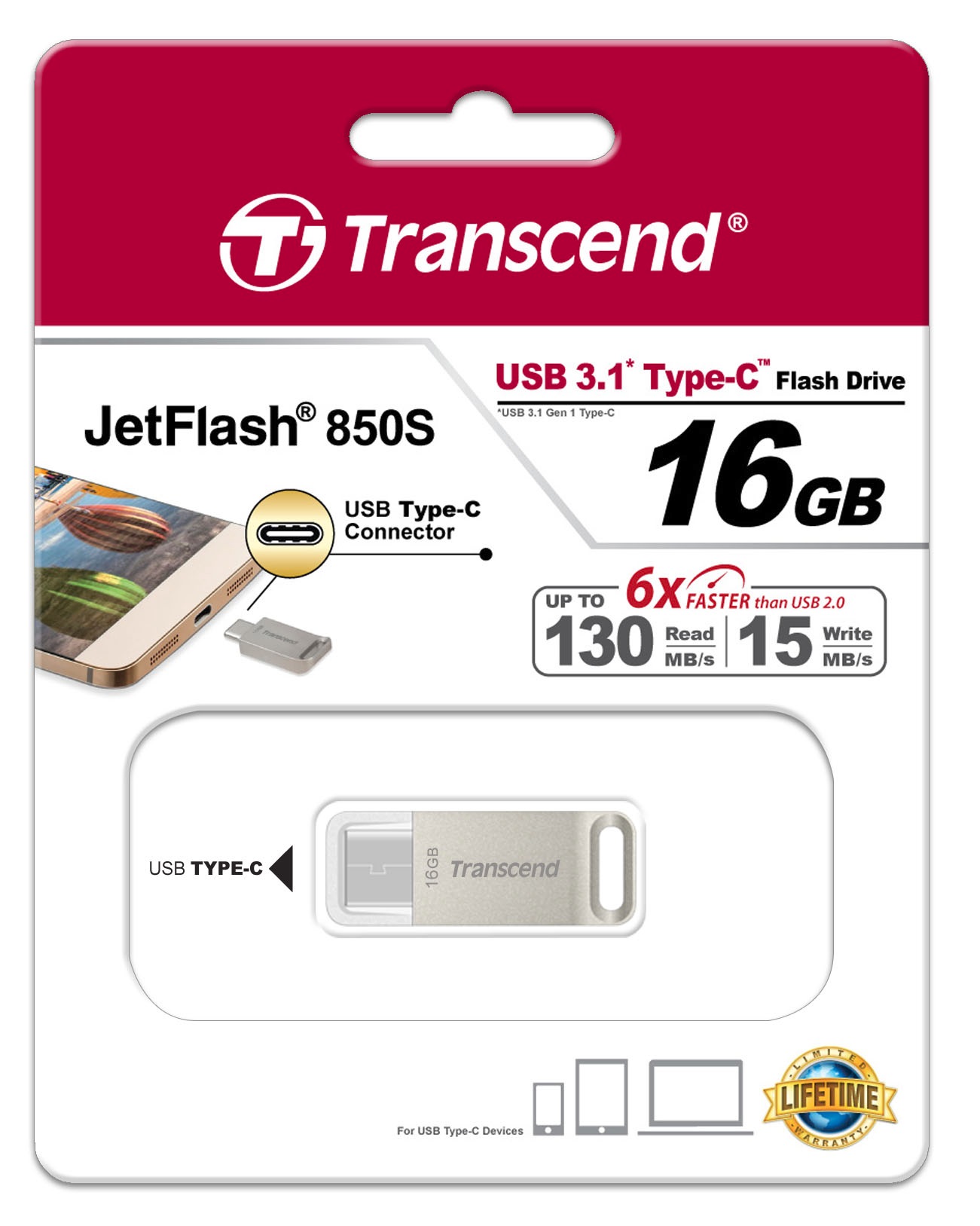 16GB Transcend JetFlash 850 Type-C USB Flash Drive Silver